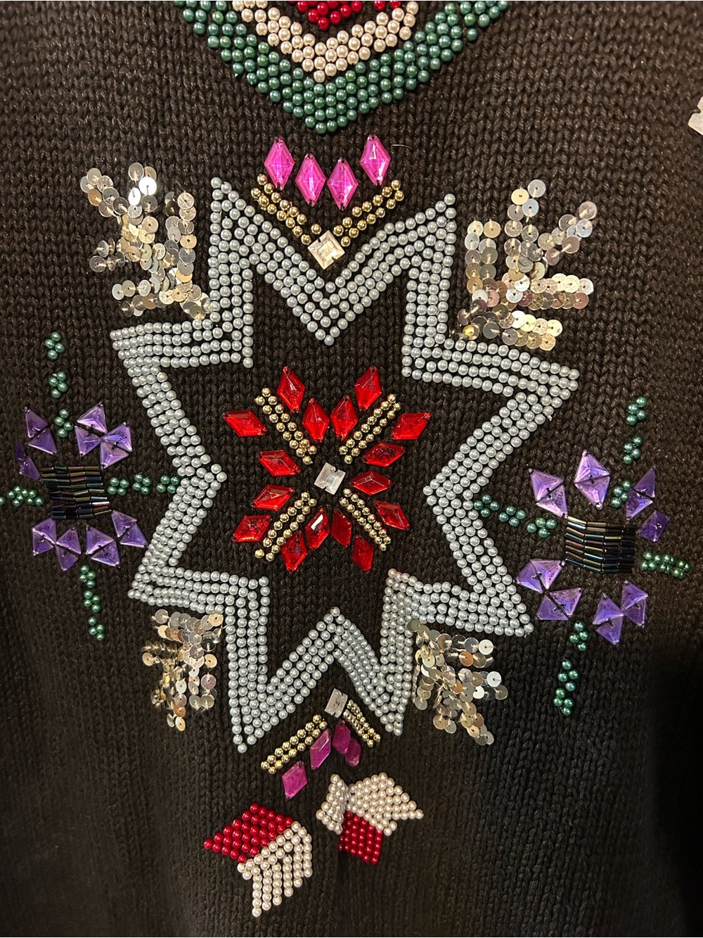 Marnie West Vintage Snowflake Christmas Sweater Heavy Beads Sequin Black - Picture 2 of 5